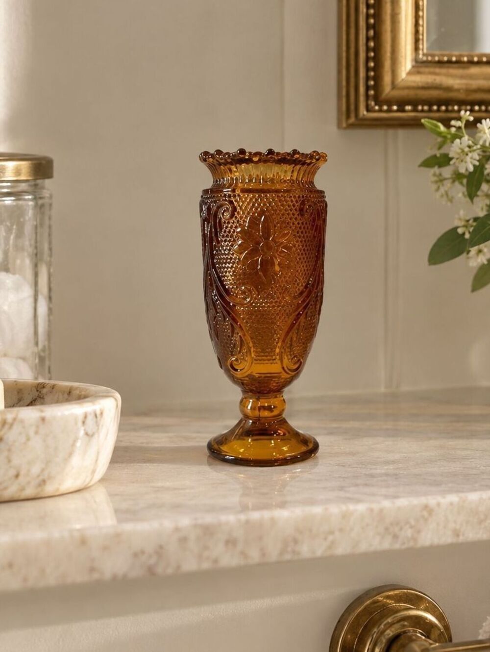Vintage Indiana Glass Amber Footed Toothpick Holder Vase 4"